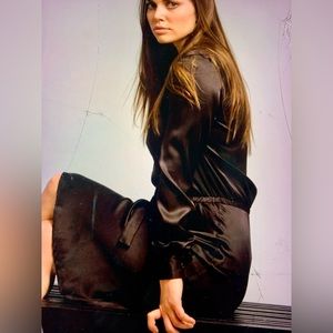 Tracy McWilliams Black Silk Long Sleeve Tie Midi Dress NWT Y2K Size S